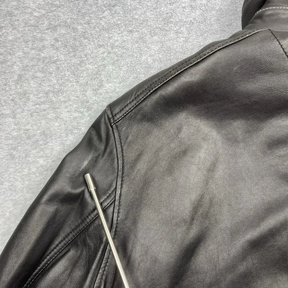 Vintage Men's Tommy Hilfiger Black Leather Bomber Jacket Zip Front Lined XL
